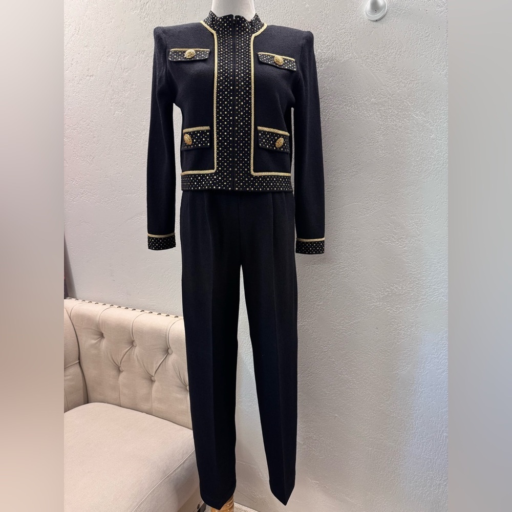 St John Evening Pants Suit Black Studded With Gold Bottons Top P Pants 2 - Picture 3 of 17